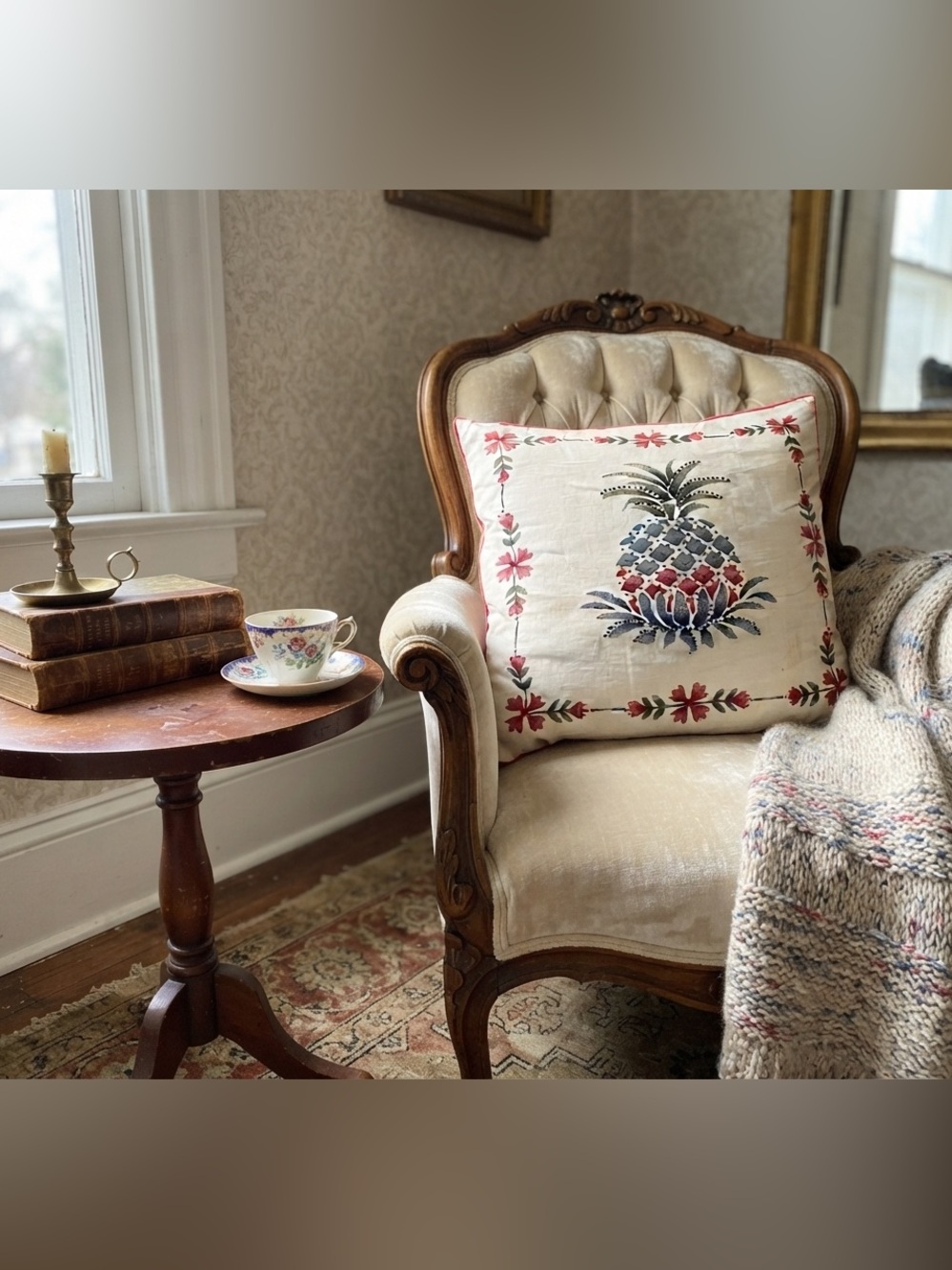 Vintage Hand-Embroidered & Stenciled Pineapple Decorative Throw Pillow Floral